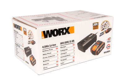 Комплект WORX WA3604 20V: аккумулятор 4Ач и зарядное устройство 2А